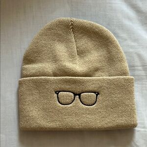 Beige Knit Beanie with Glasses Embroidery